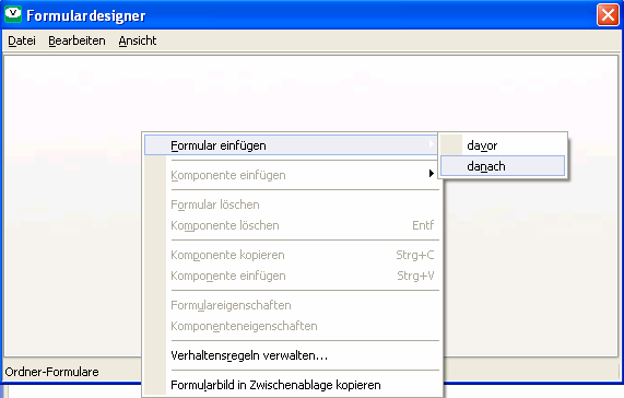 Klicken Sie mit der rechten Maustaste auf die große Fläche des Fensters wählen Sie in dem aufklappenden Menü den Punkt „Formular einfügen” klicken Sie in dem daraufhin erscheinenden Untermenü den Punkt „danach” aus geben Sie in dem daraufhin erscheinenden Eigenschaften-Fenster dem Formular den Namen „Ordner” 