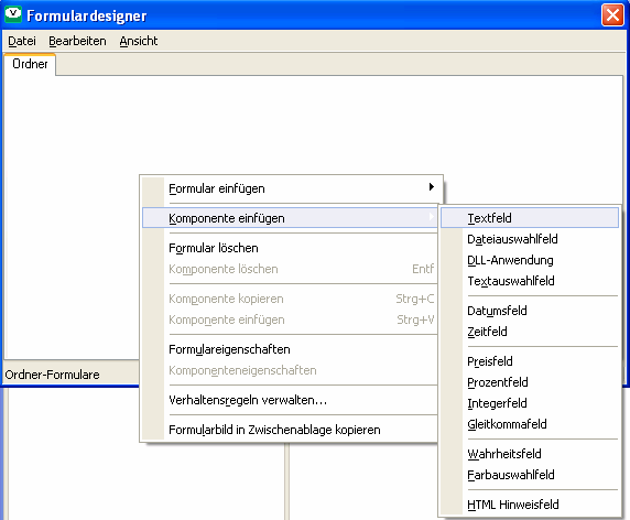 Um auf diesem Formular nun eine Formularkomponente einzufügen müssen Sie folgende Schritte gehen: klicken Sie mit der rechten Maustaste auf die Fläche des Formulars wählen Sie in dem daraufhin erscheinenden Menü den Punkt „Komponente einfügen” klicken Sie in dem dann erscheinenden Untermenü auf „Textfeld” Daraufhin geht ein kleines Fenster auf indem der interne Variablenname dieser Formularkomponente festgelegt werden muss. Geben Sie hier ein: „de_uebe” (ohne die Anführungszeichen). Klicken Sie danach auf „OK”. 